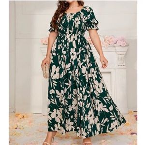 Boho Plus Floral Print Tropical Puff Sleeve Maxi Dress